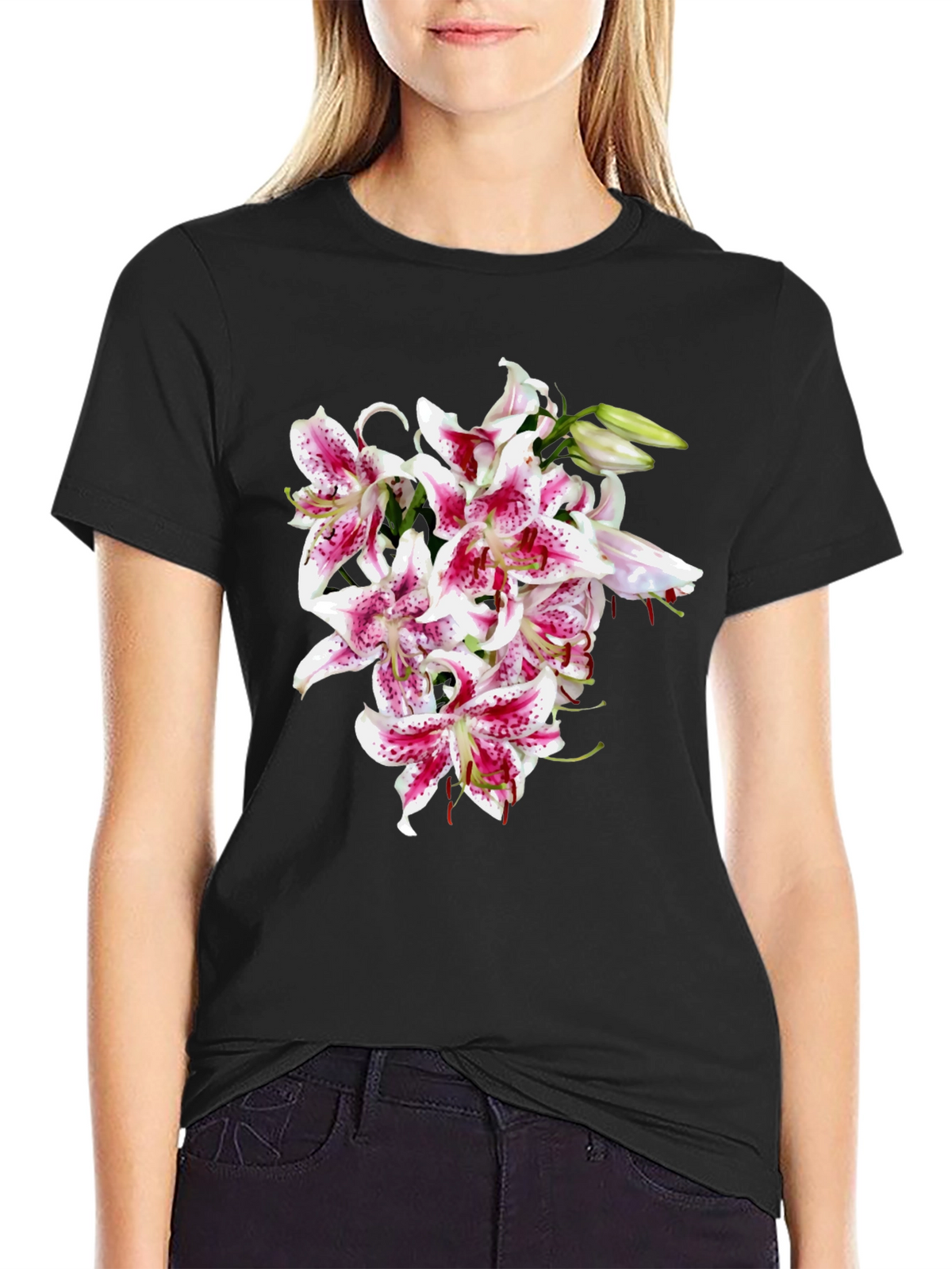 Floral Lily Graphic Tee - Black Casual Shirt