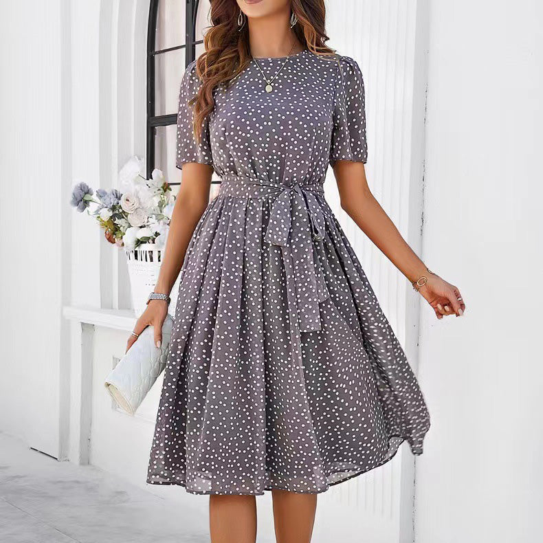 Women's Spring and Summer Polka Dot Print Short Sleeve Lace-Up A-Line Dress