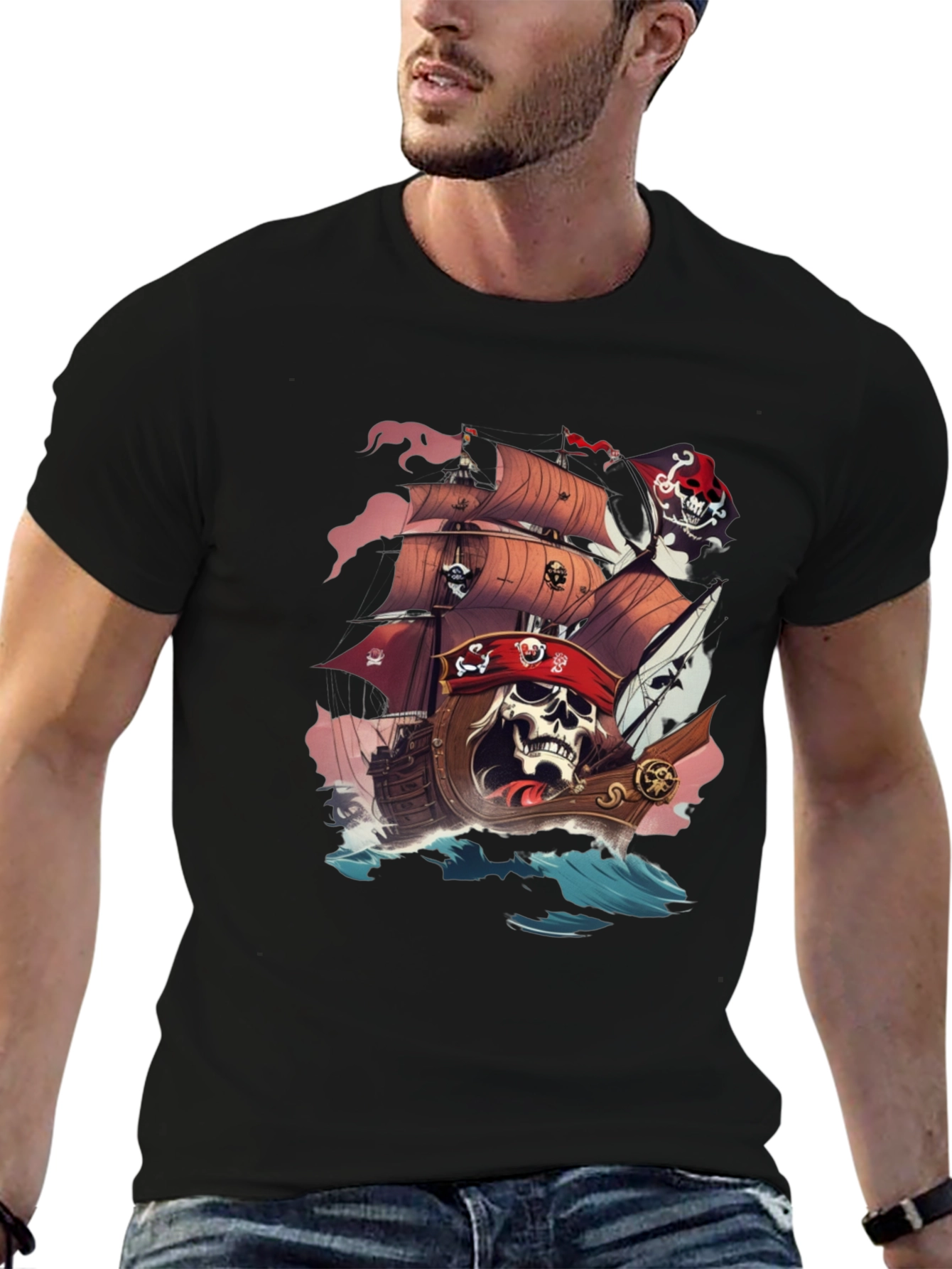 Pirate Skull Ship Graphic T-Shirt