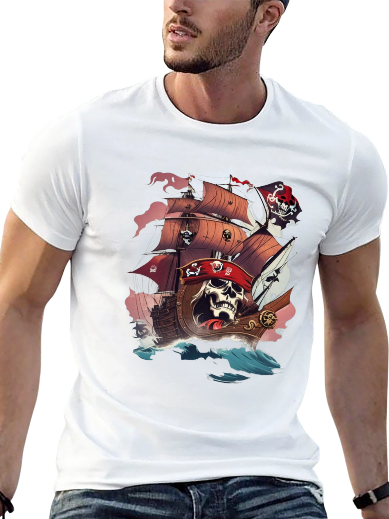 Pirate Skull Ship Graphic T-Shirt