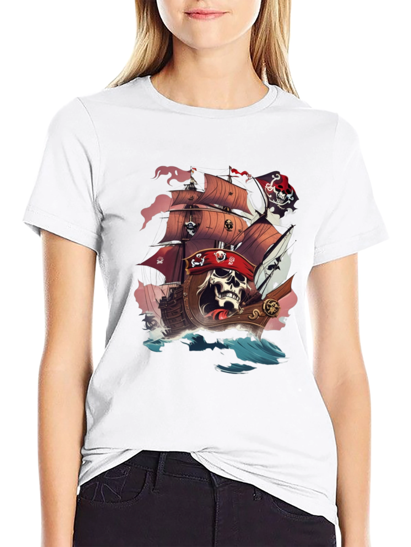 Pirate Skull Ship Graphic T-Shirt