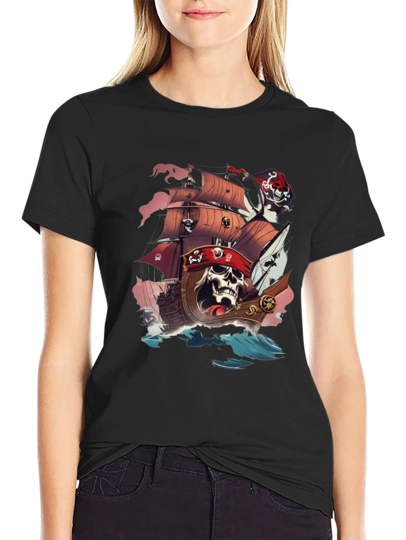 Pirate Skull Ship Graphic T-Shirt