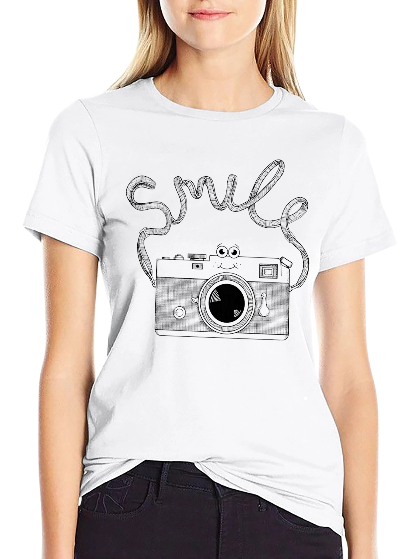 Retro Camera Smile Graphic Tee - Soft Black T-Shirt