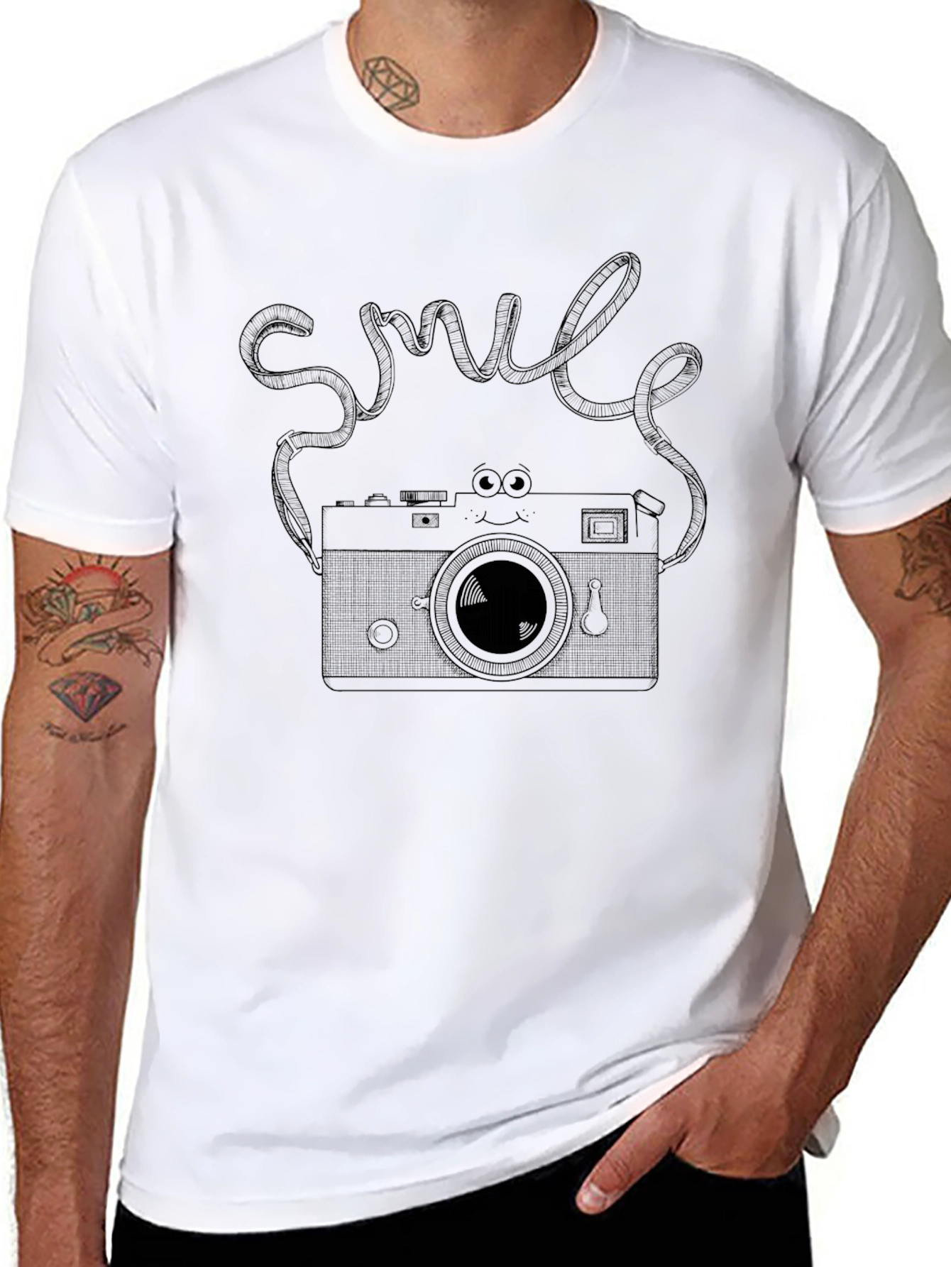 Retro Camera Smile Graphic Tee - Soft Black T-Shirt