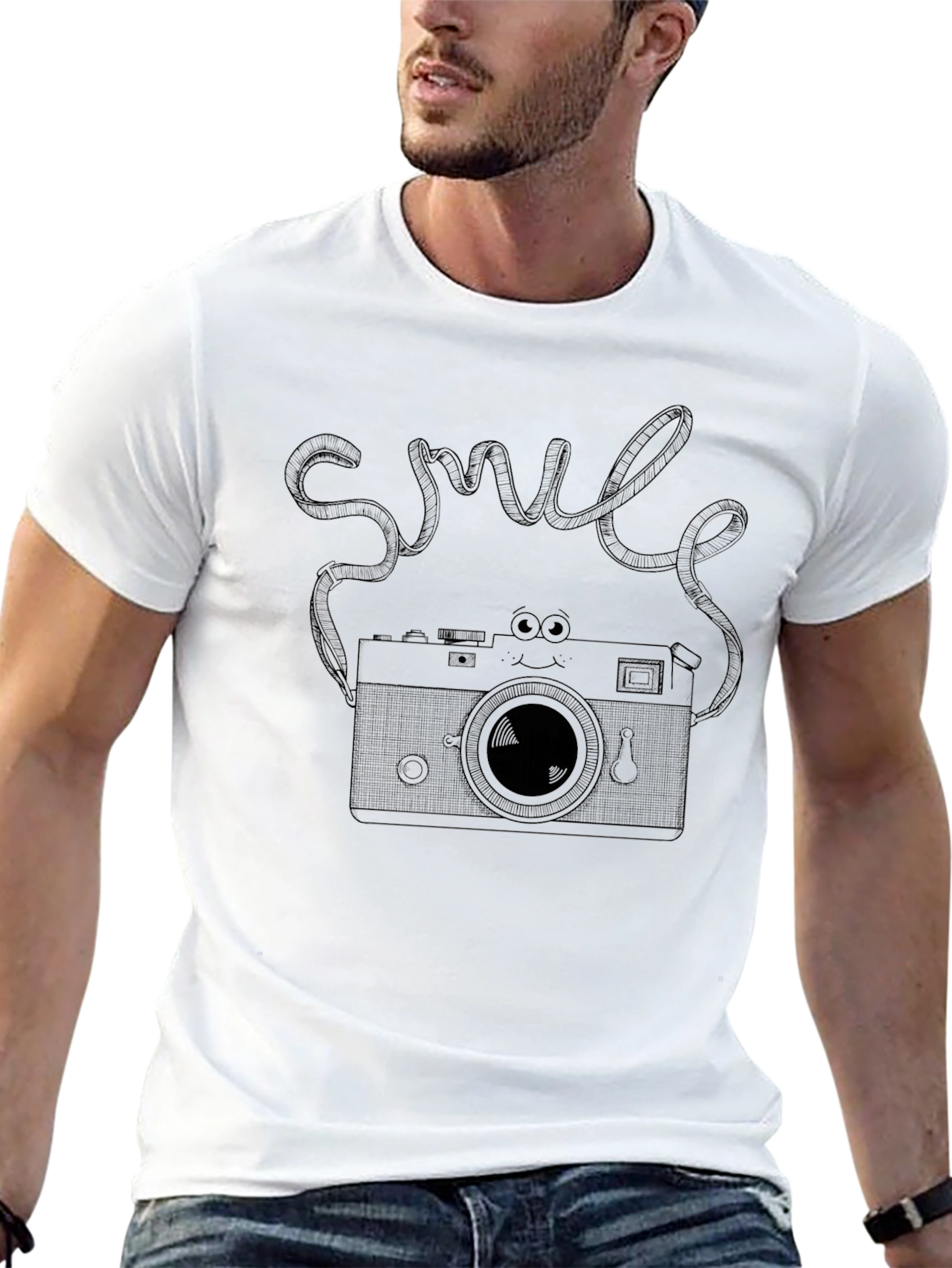 Retro Camera Smile Graphic Tee - Soft Black T-Shirt