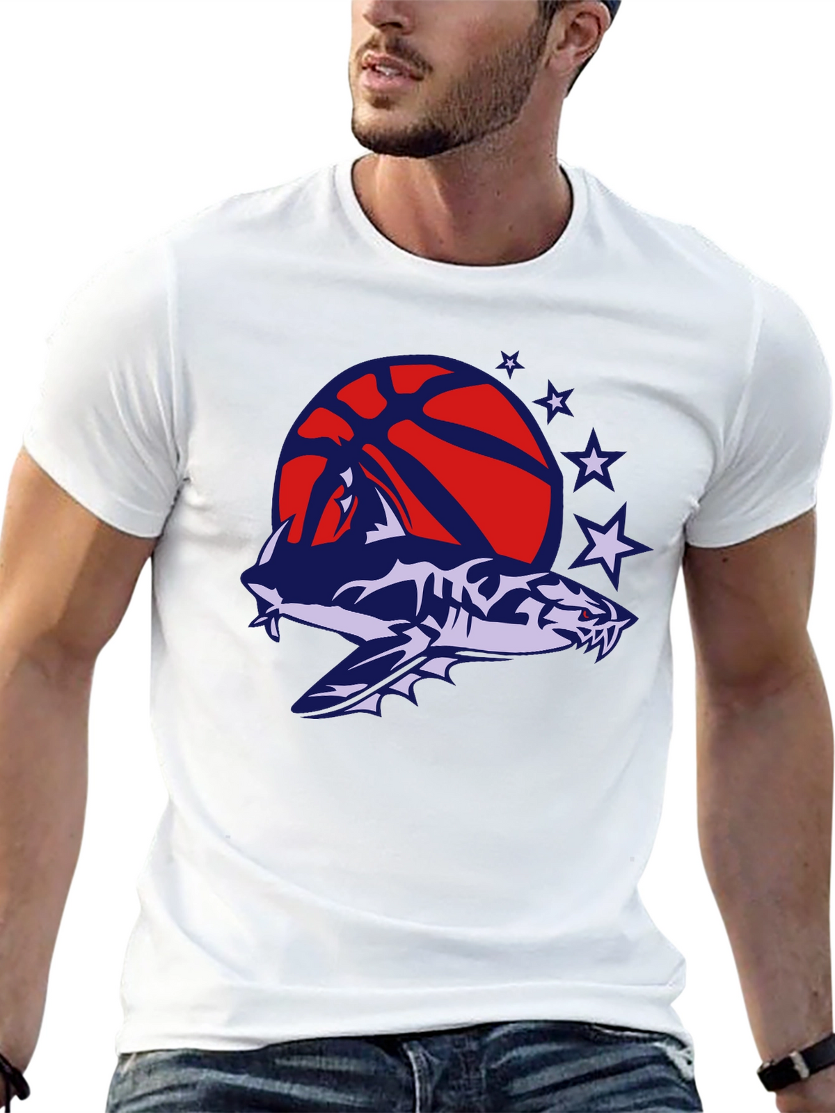 Mens Black T-Shirt with Shark Basketball Graphic