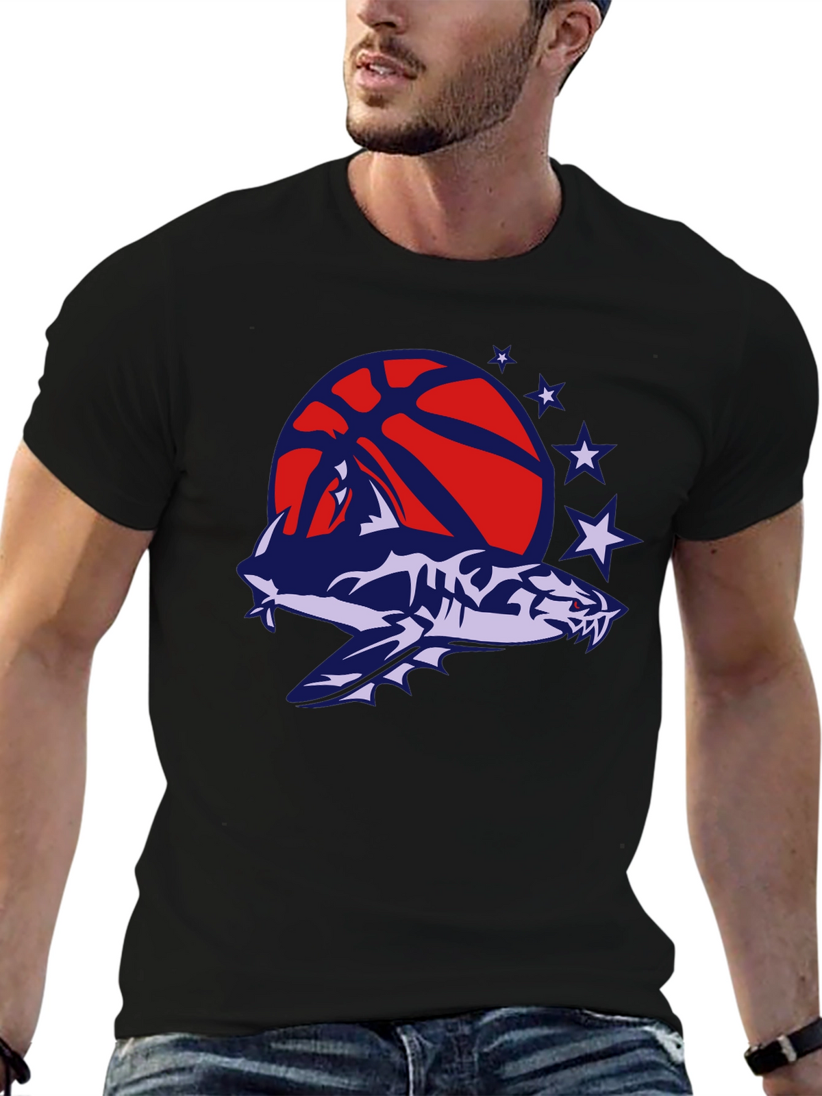 Mens Black T-Shirt with Shark Basketball Graphic