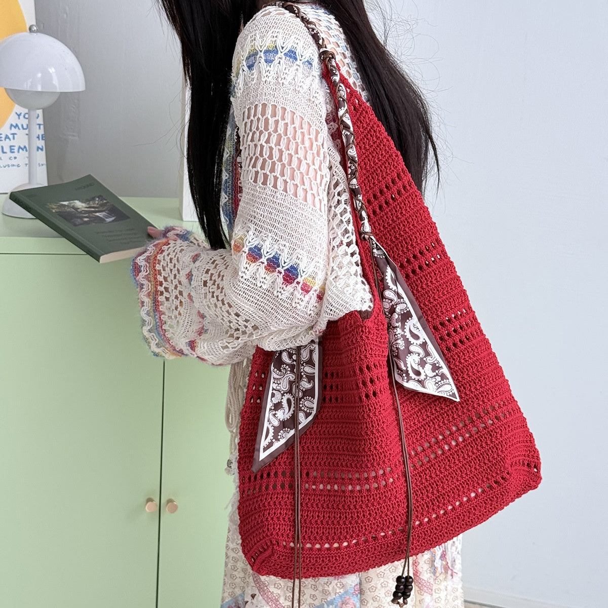 Bohemian Crochet Beach Tote - Summer Knitted Shoulder Bag