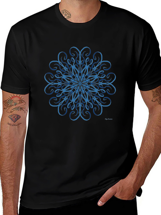 Blue Swirl Mandala Design Black T-Shirt