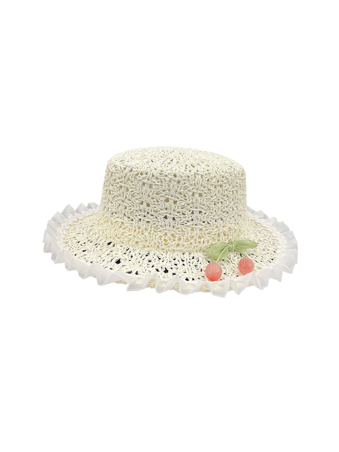 Women's Flat Top Straw Hat with Ruffled Brim and Cherry Detail for Sun Protection