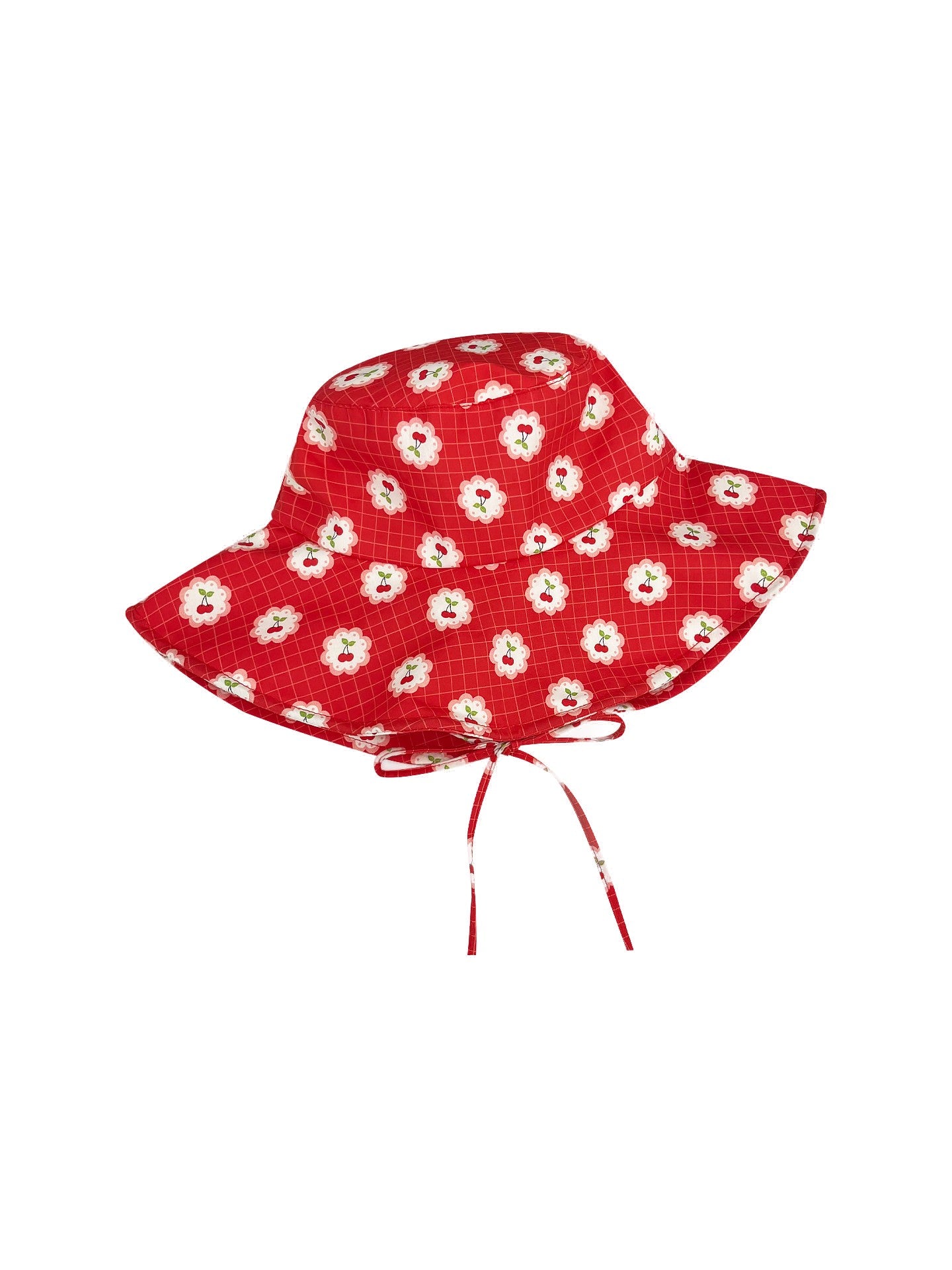 Women's Red Cherry Floral Cotton Bucket Sun Hat with Wide Brim and Tie Straps