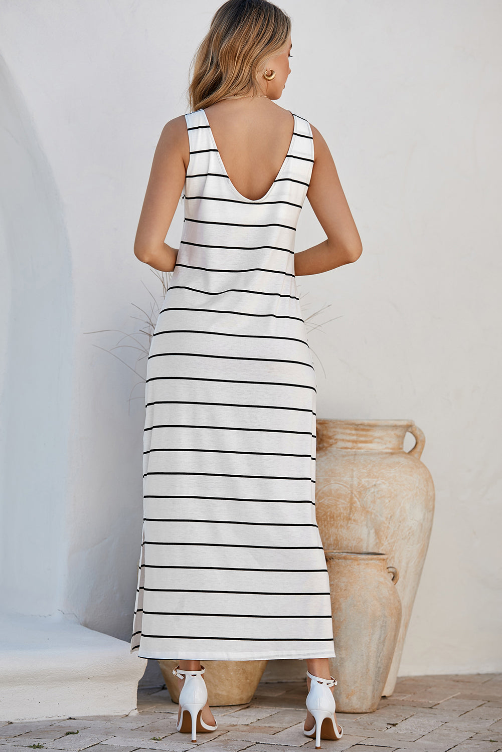 White Stripe Print Open Back Sleeveless Maxi Dress with Slits