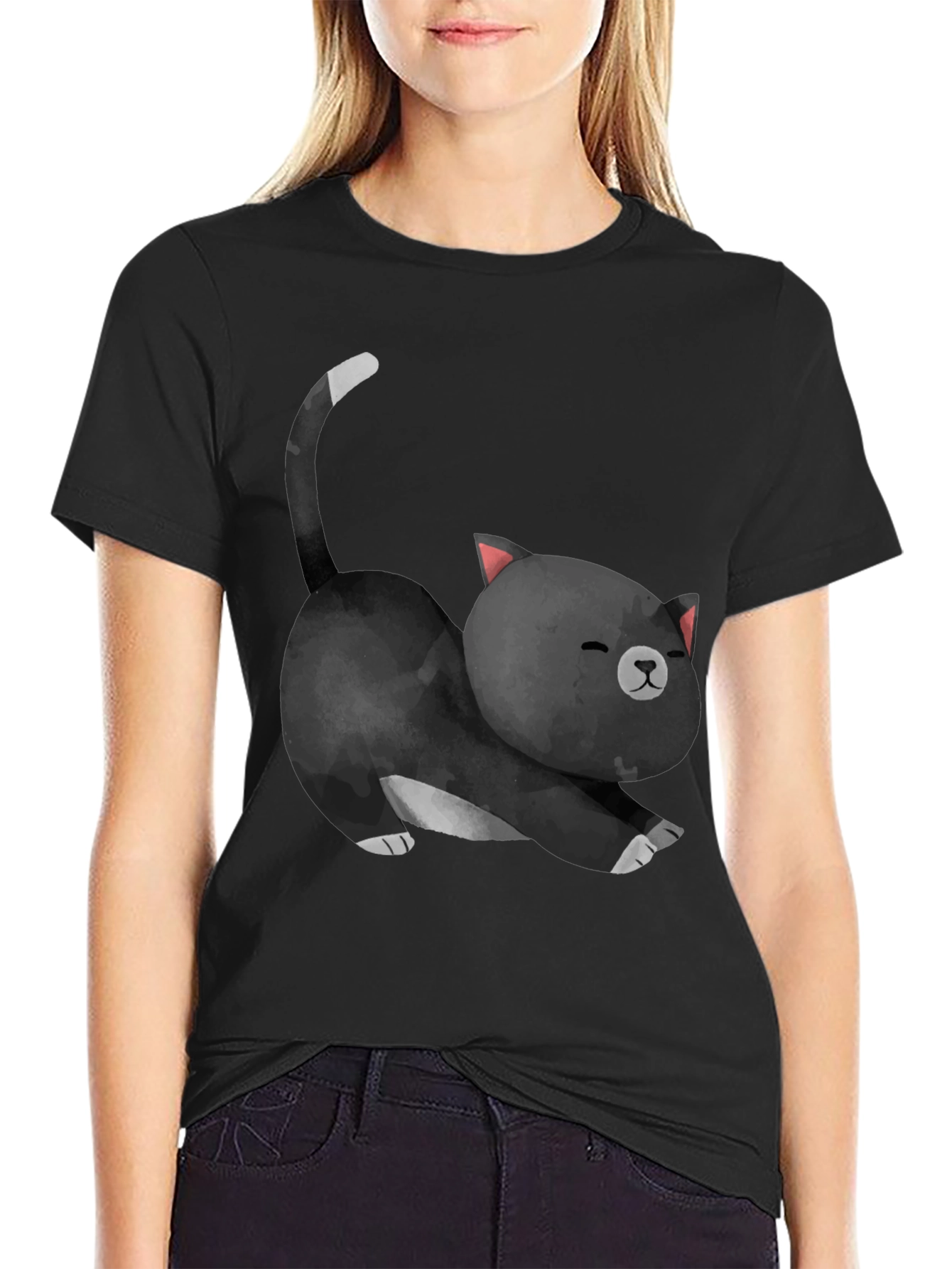 Cute Cat Stretch Black T-Shirt