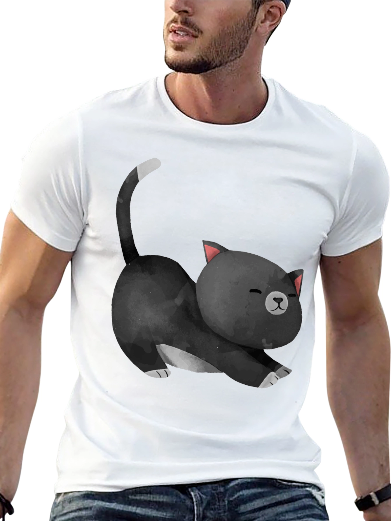 Cute Cat Stretch Black T-Shirt