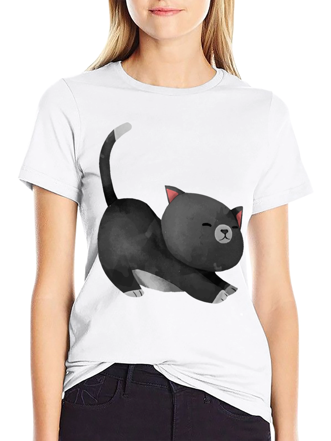 Cute Cat Stretch Black T-Shirt