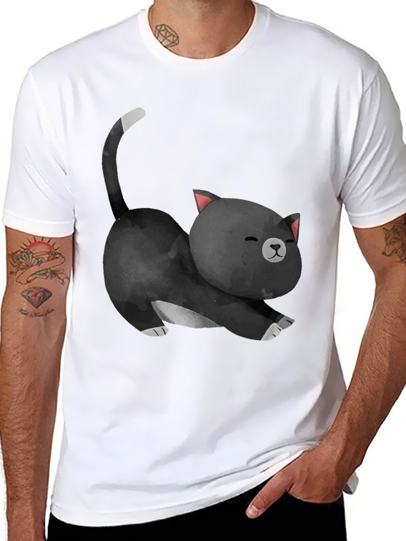 Cute Cat Stretch Black T-Shirt