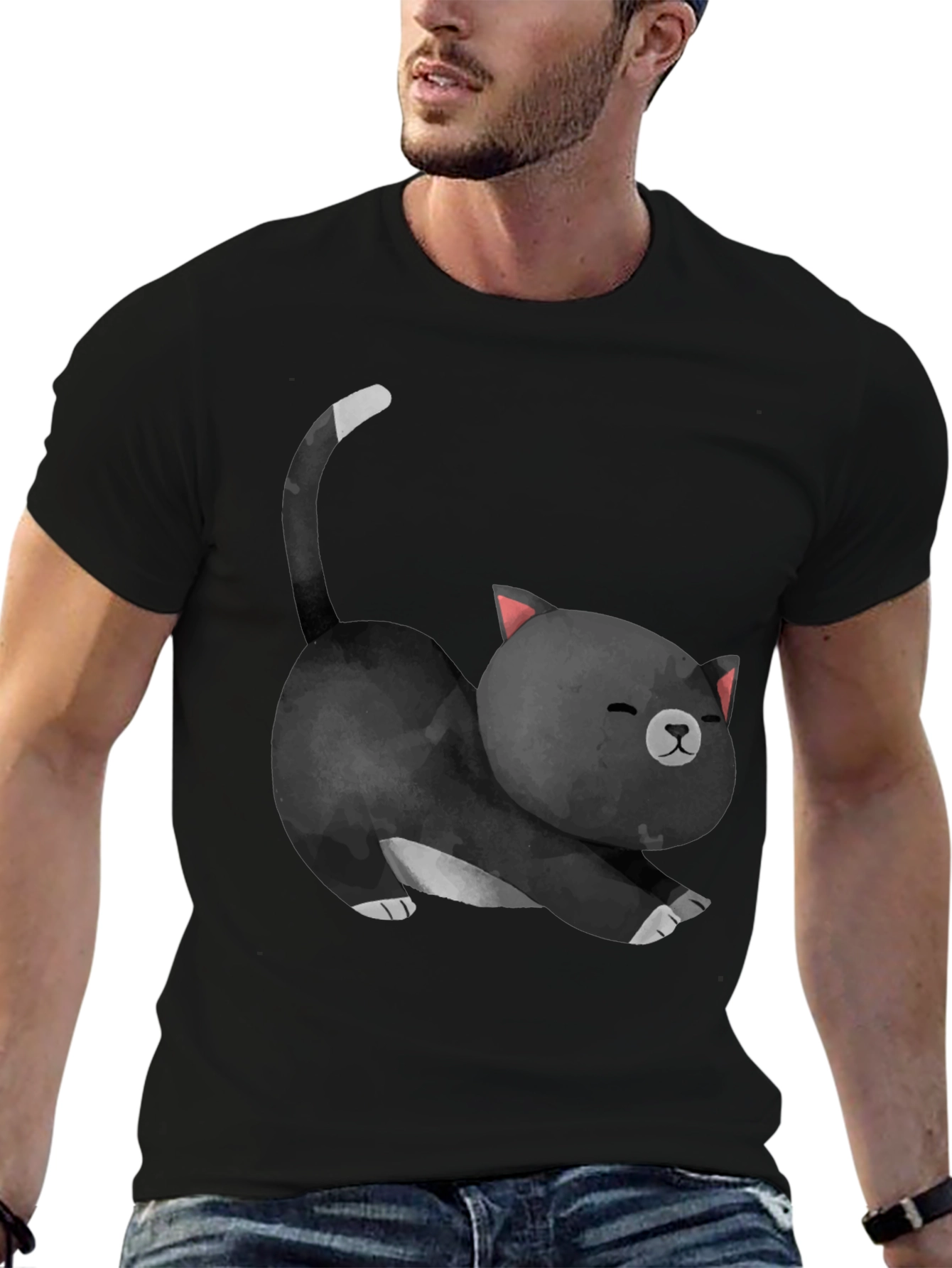 Cute Cat Stretch Black T-Shirt