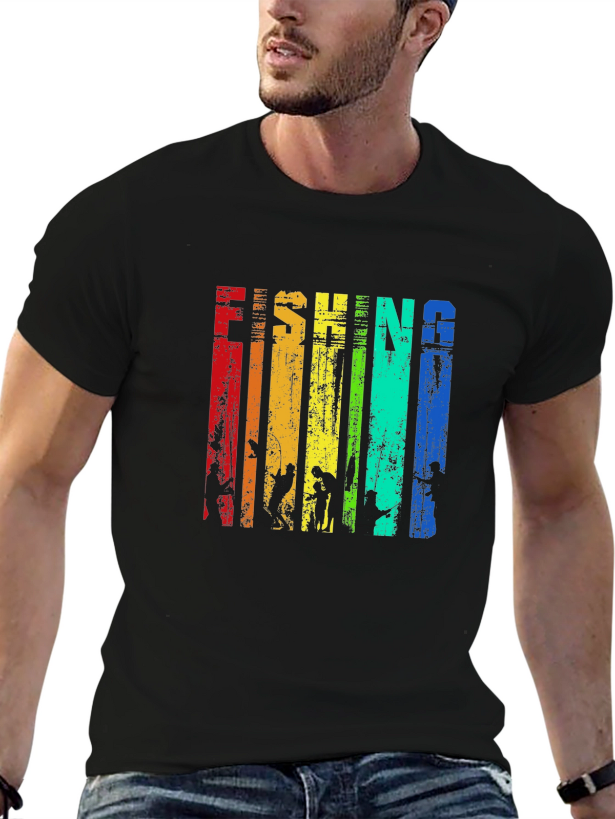 Fishing Rainbow Graphic T-Shirt -  Mens Black Tee