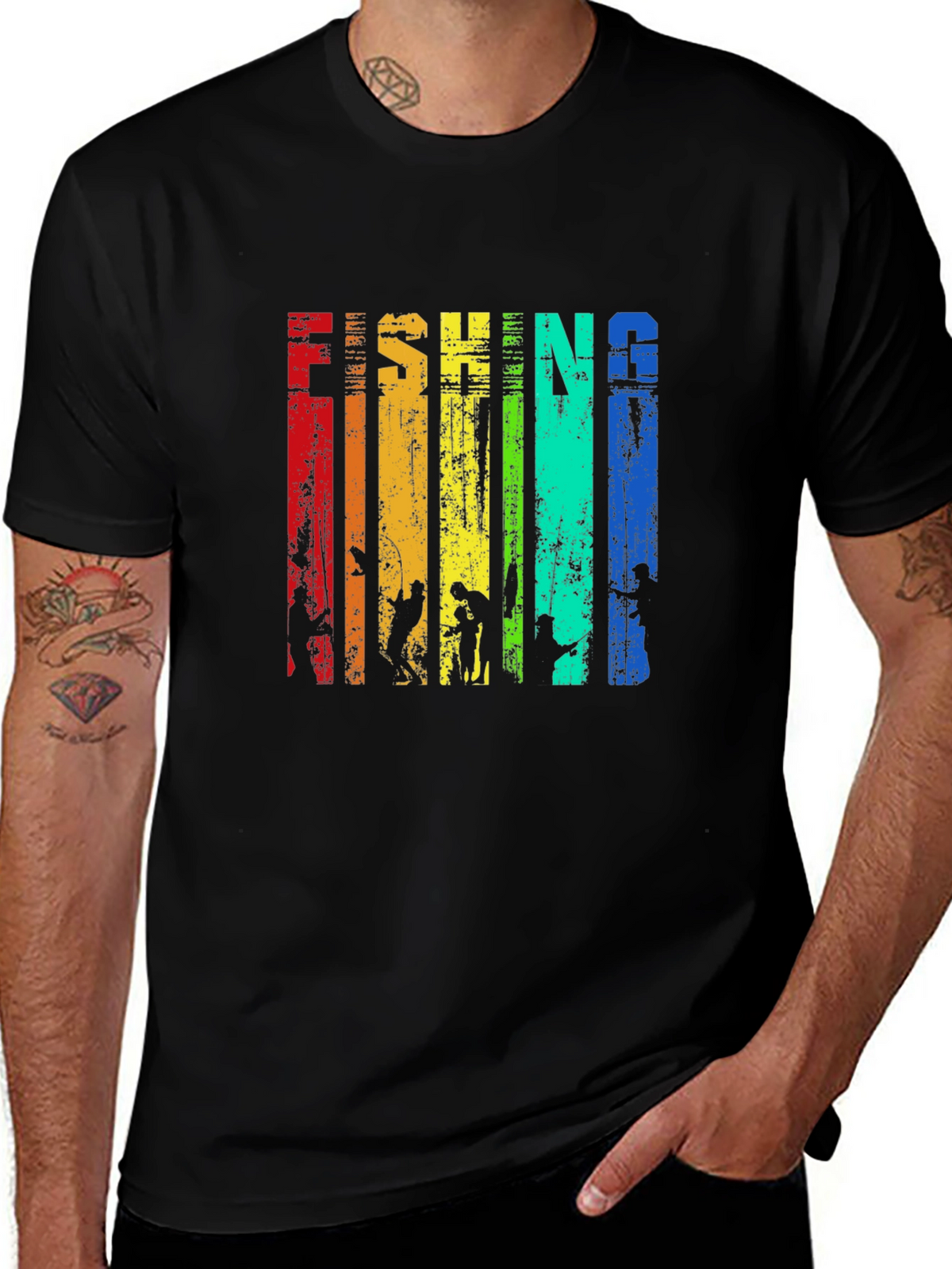 Fishing Rainbow Graphic T-Shirt -  Mens Black Tee