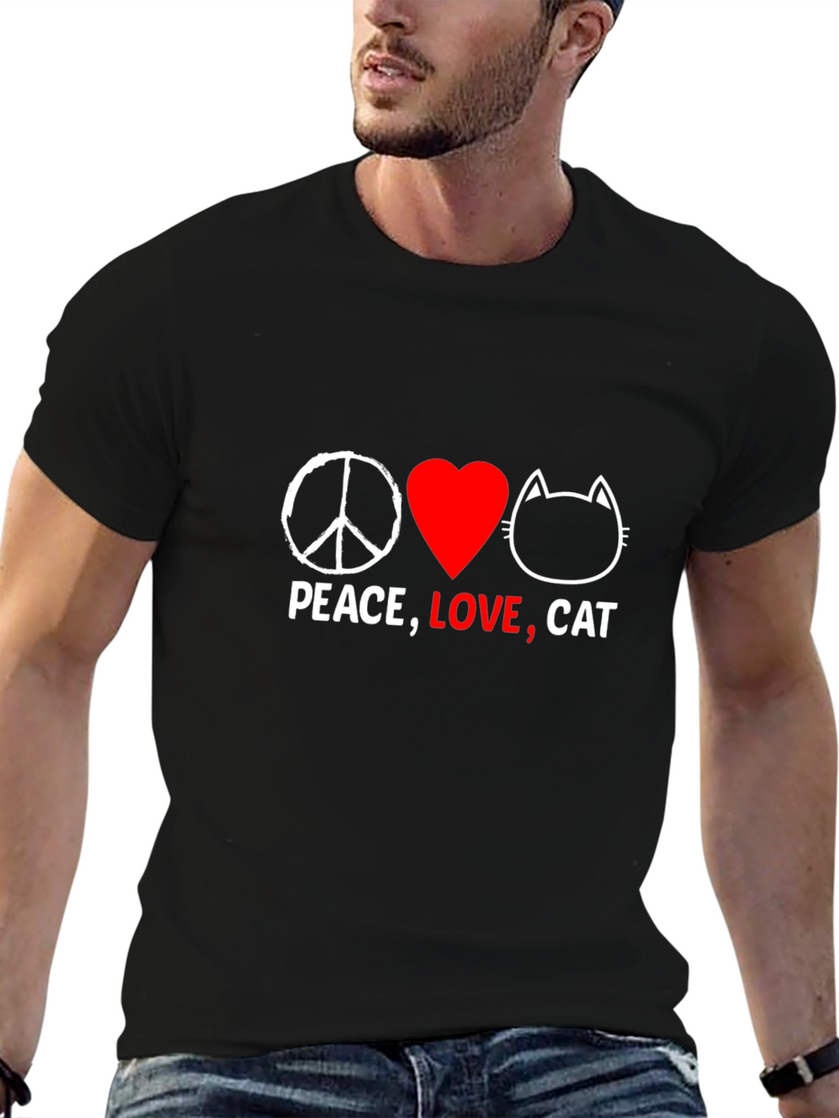 Peace Love Cat Graphic T-Shirt - Black