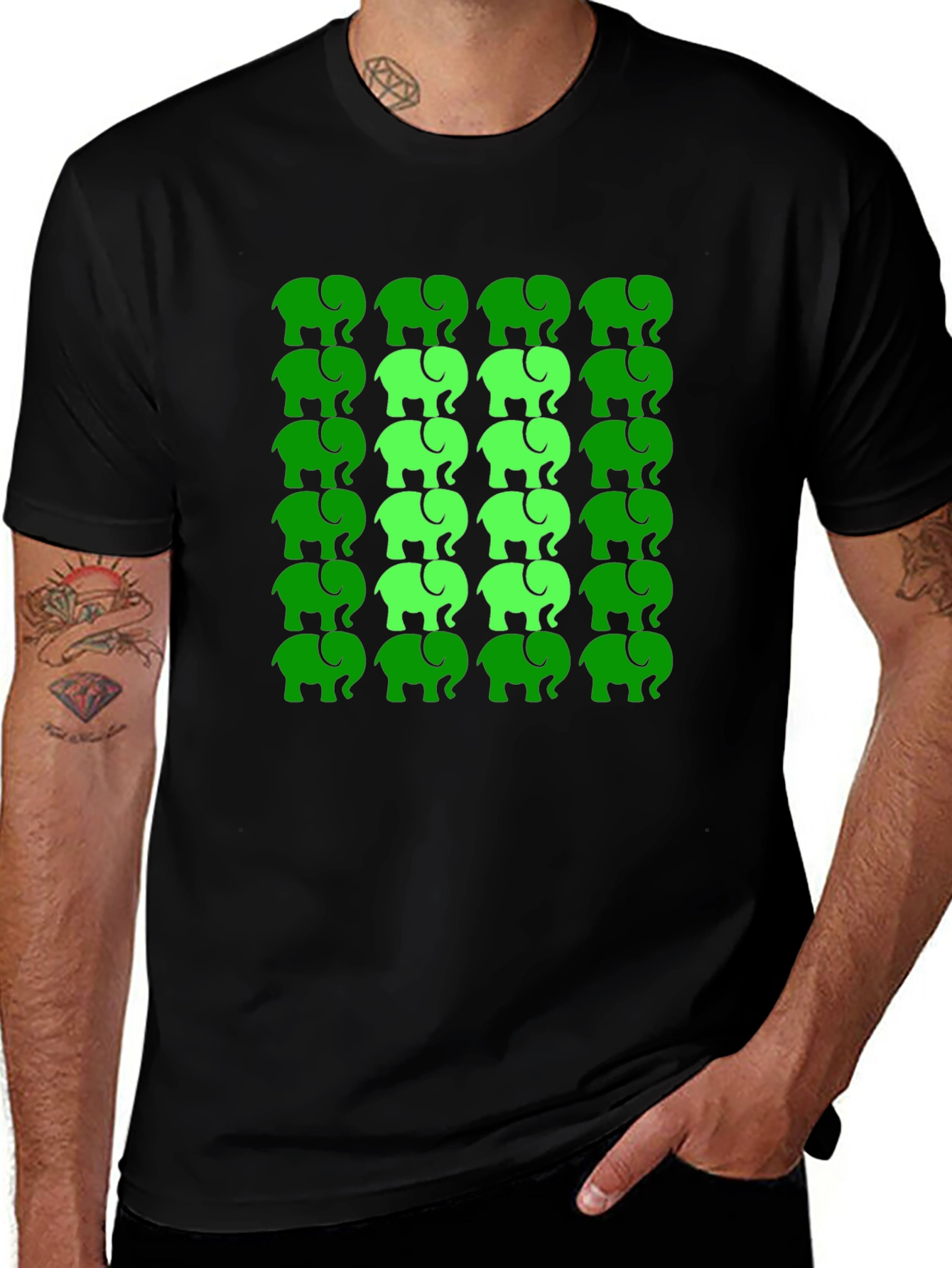 Elephant Pattern Tee - Green on Black