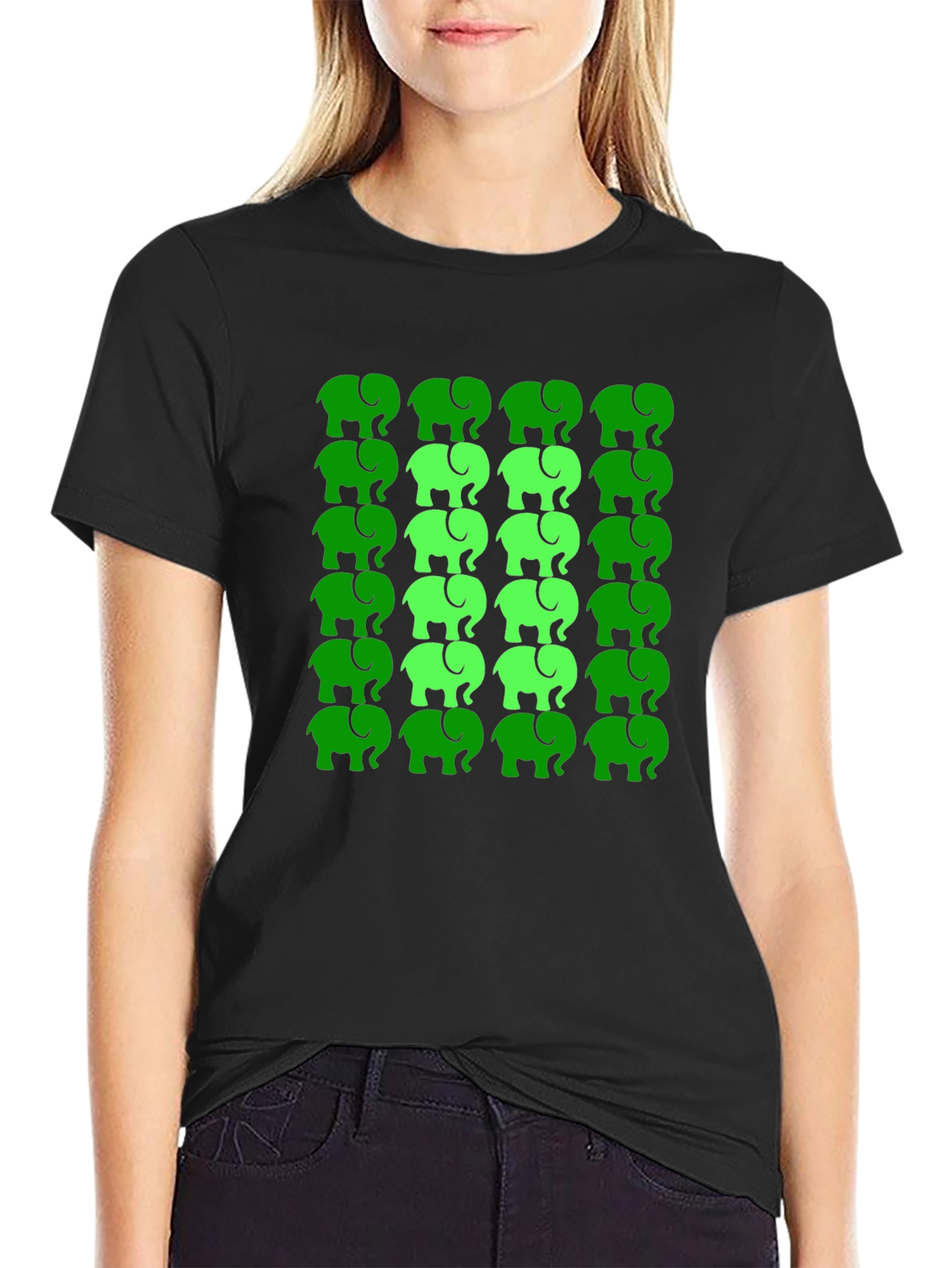 Elephant Pattern Tee - Green on Black