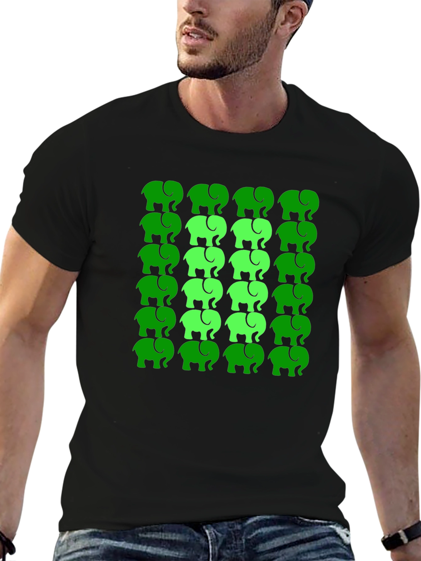 Elephant Pattern Tee - Green on Black