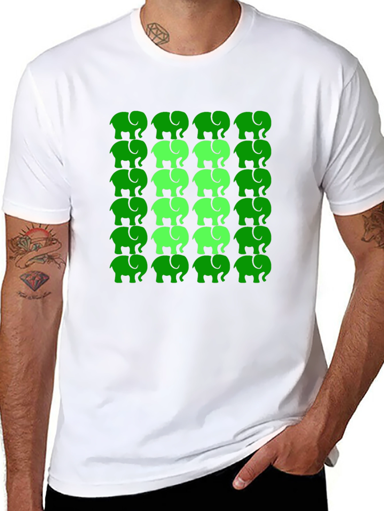 Elephant Pattern Tee - Green on Black