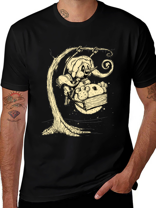 Whimsical Elephant on Swing Graphic Tee - Black Cotton Shirt