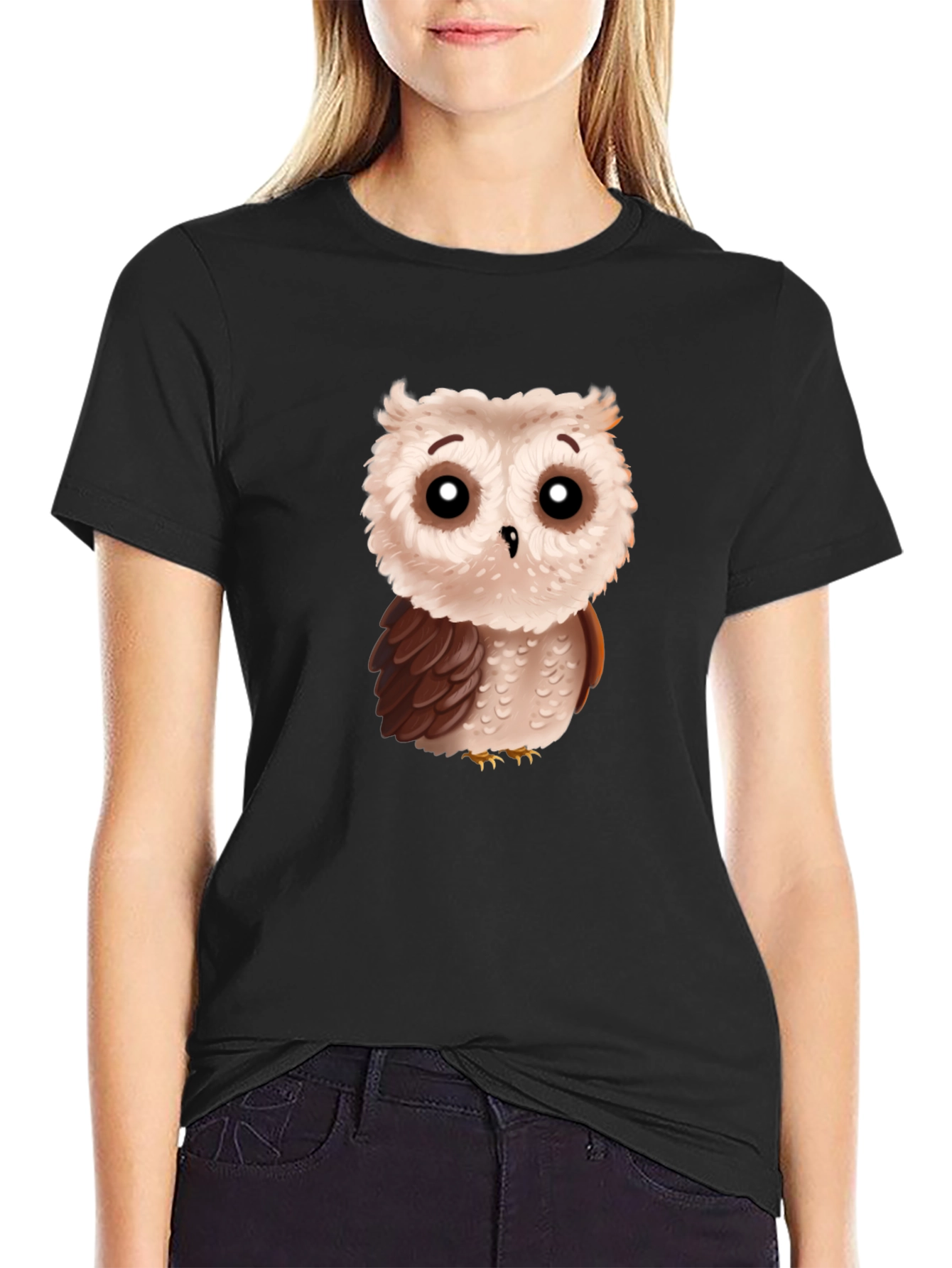 Cute Cartoon Owl Graphic T-Shirt - Black