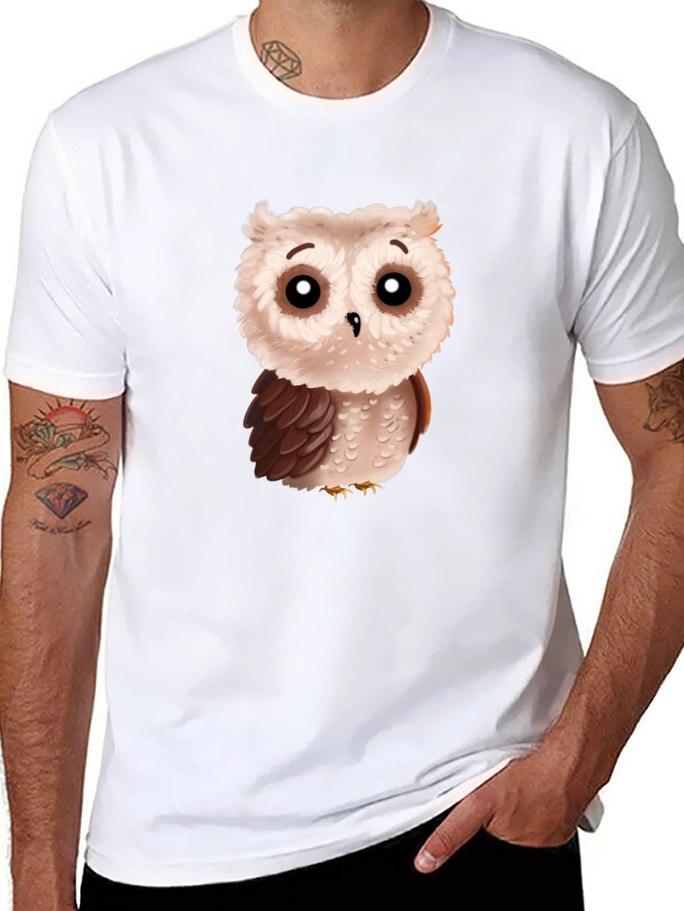 Cute Cartoon Owl Graphic T-Shirt - Black