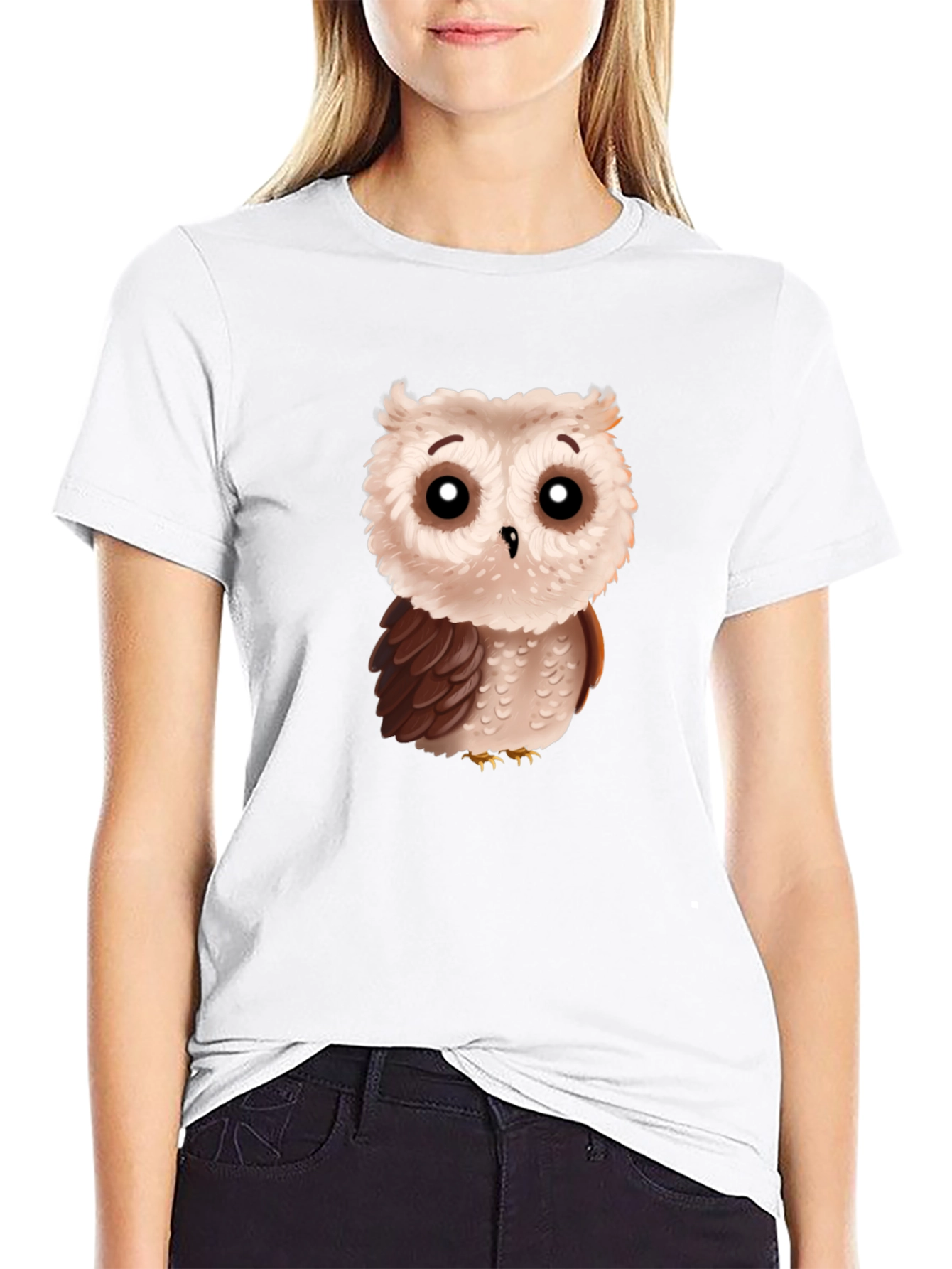 Cute Cartoon Owl Graphic T-Shirt - Black