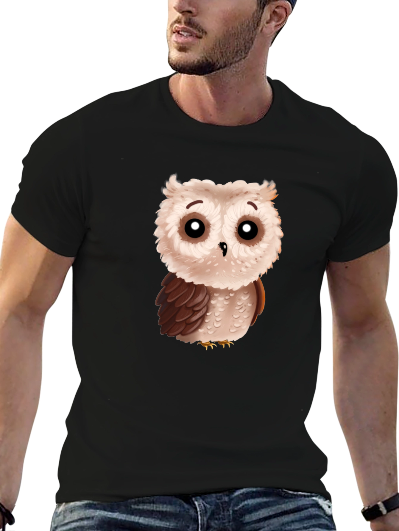 Cute Cartoon Owl Graphic T-Shirt - Black