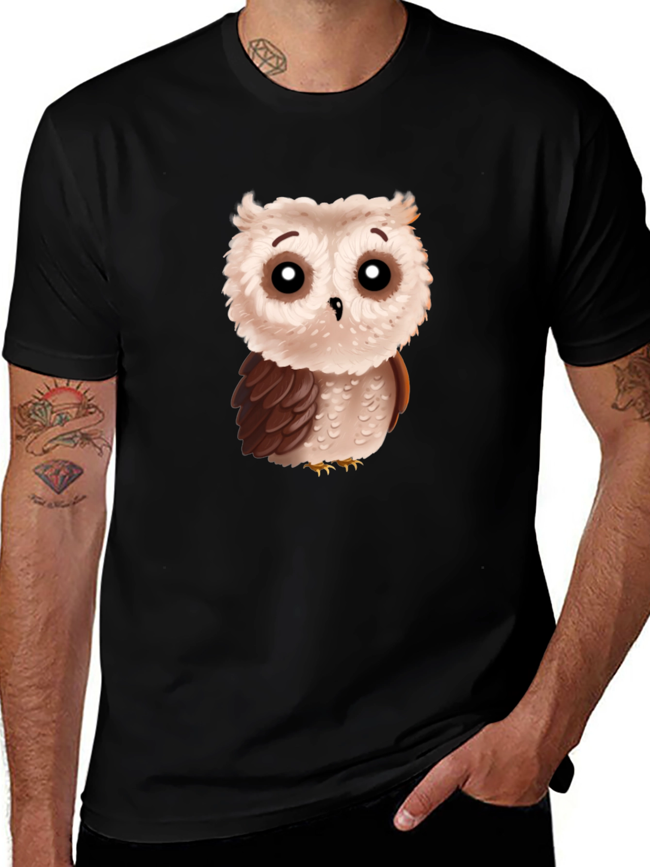 Cute Cartoon Owl Graphic T-Shirt - Black