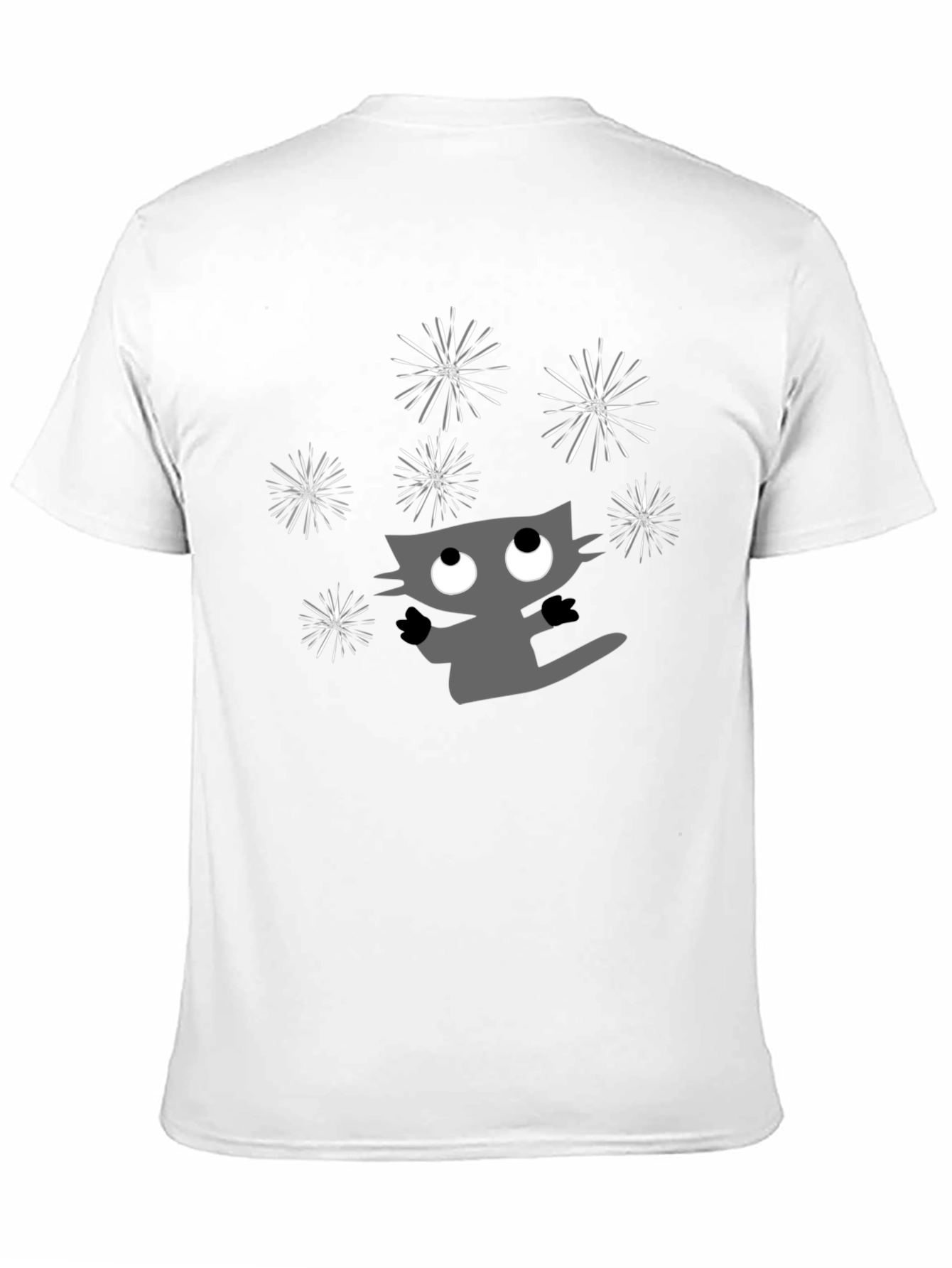 Whimsical Cat & Fireworks Graphic Tee - Black