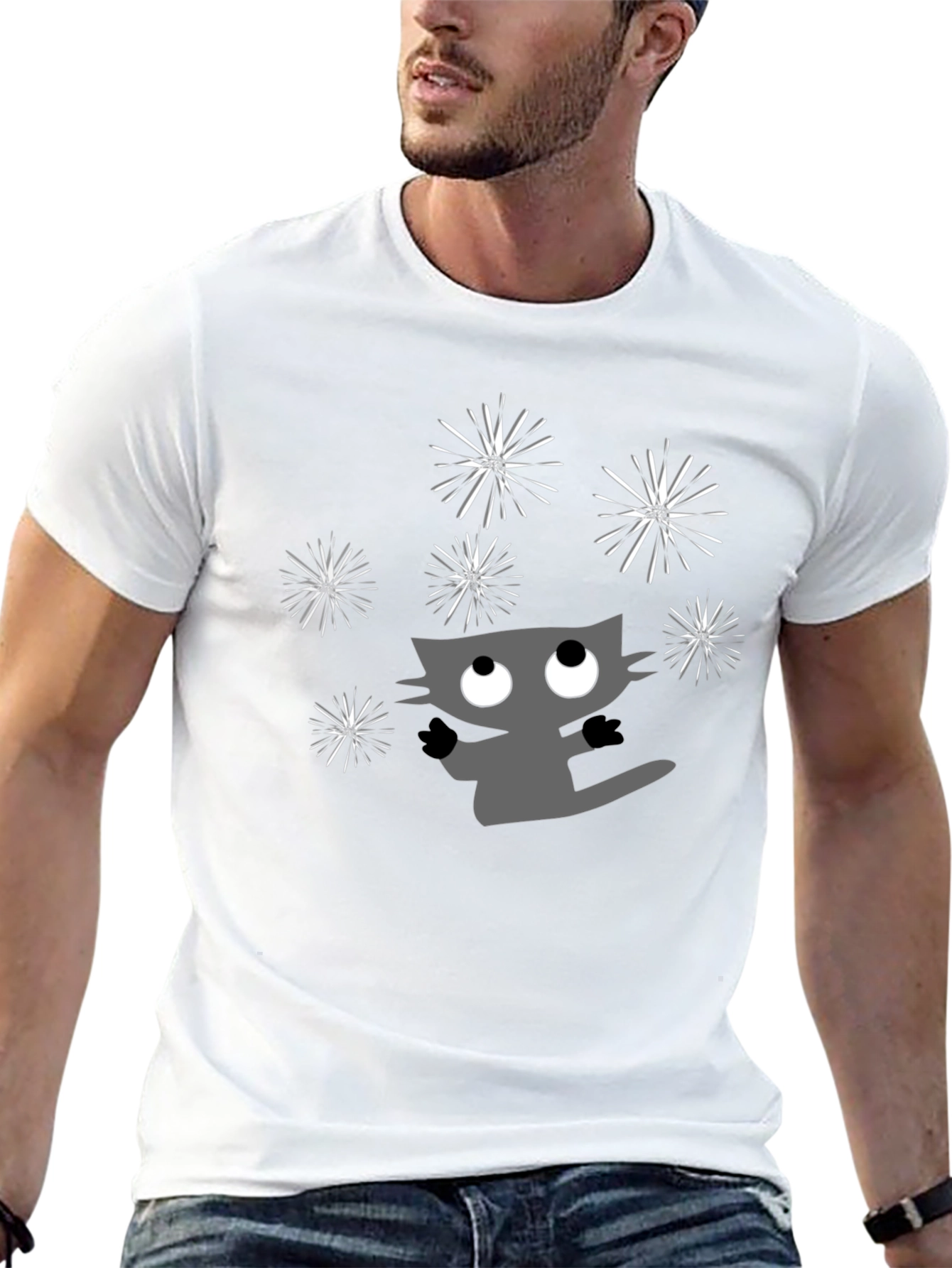 Whimsical Cat & Fireworks Graphic Tee - Black