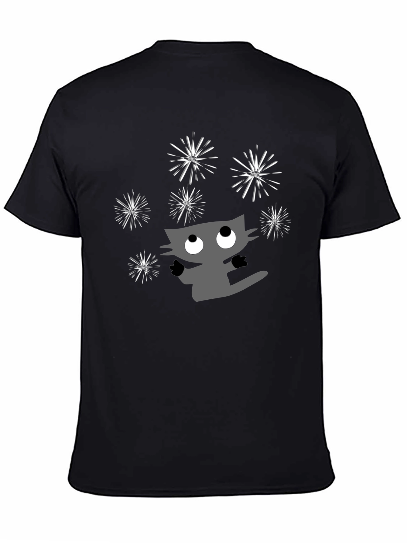 Whimsical Cat & Fireworks Graphic Tee - Black