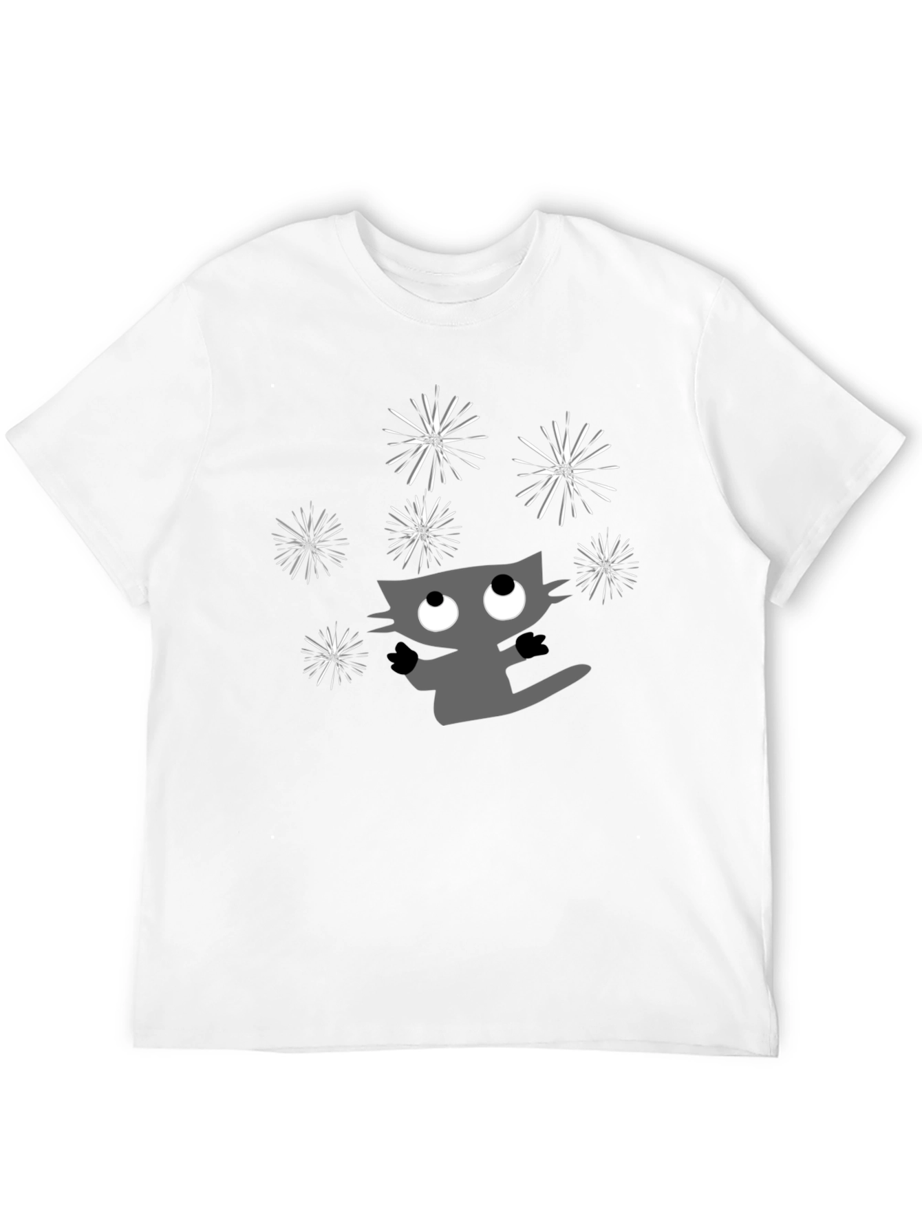 Whimsical Cat & Fireworks Graphic Tee - Black