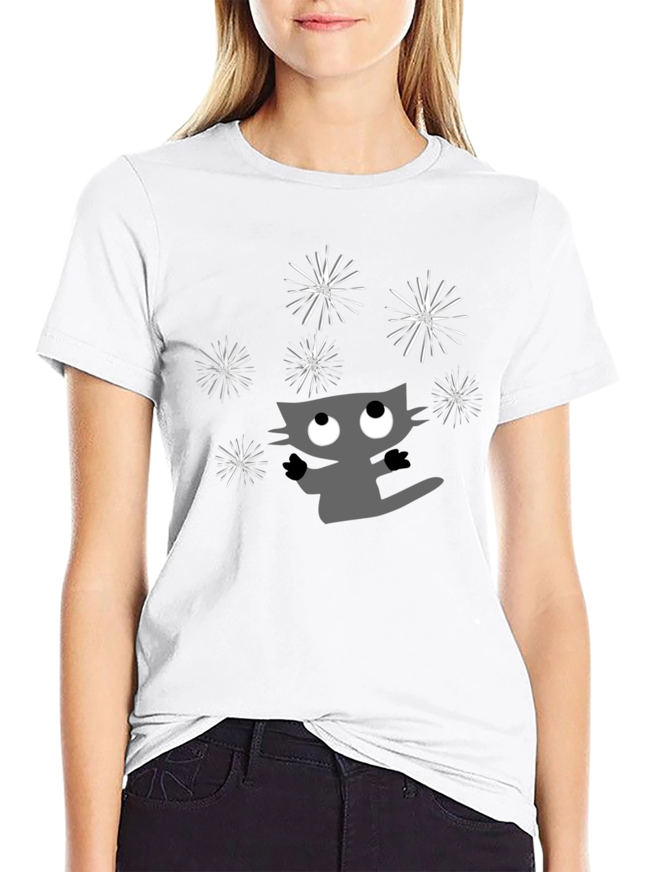 Whimsical Cat & Fireworks Graphic Tee - Black