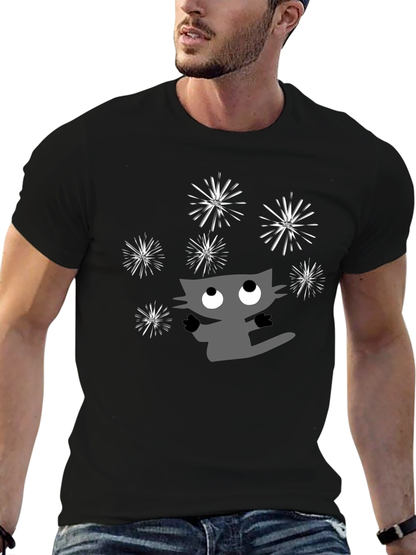Whimsical Cat & Fireworks Graphic Tee - Black