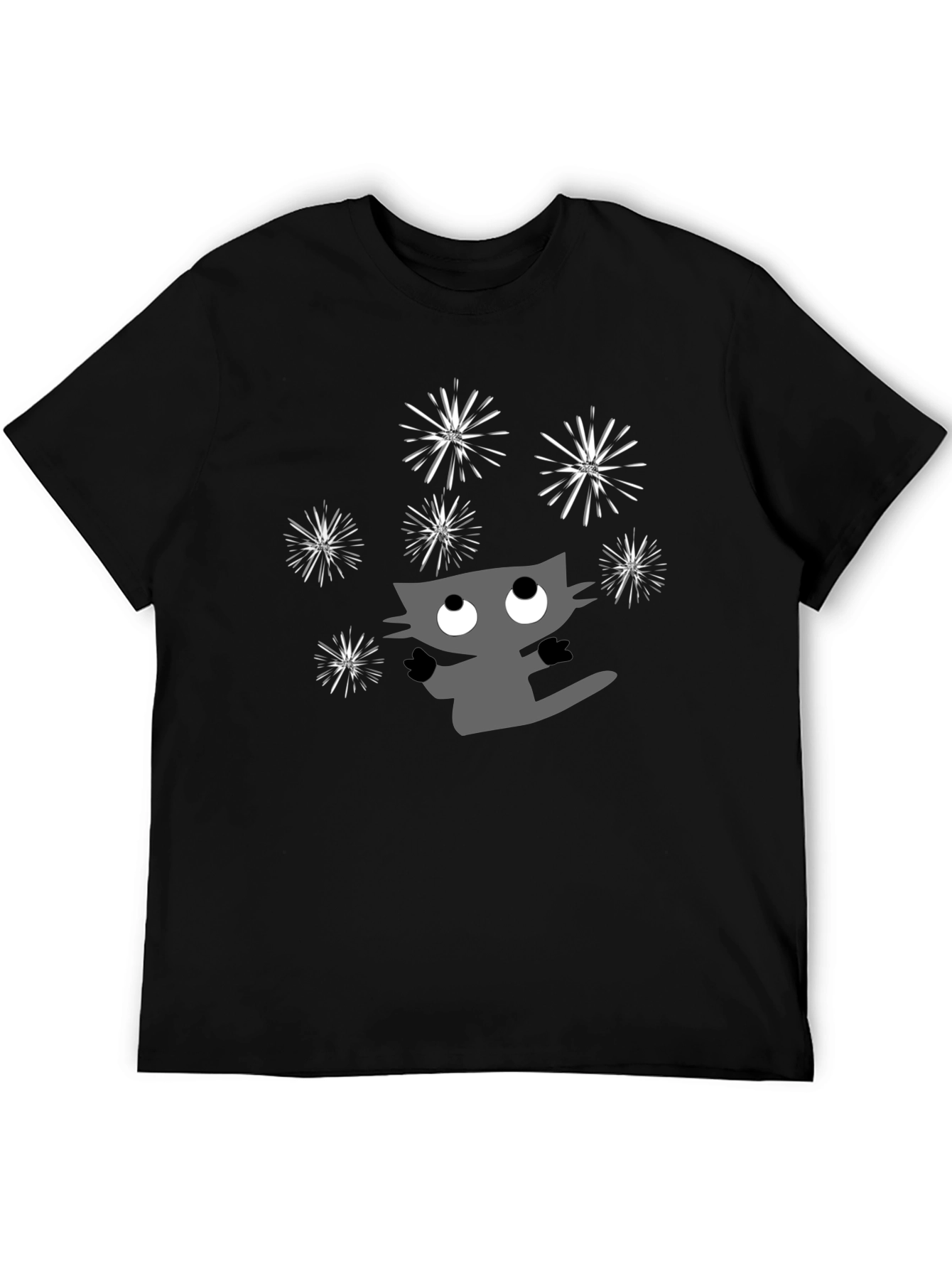 Whimsical Cat & Fireworks Graphic Tee - Black