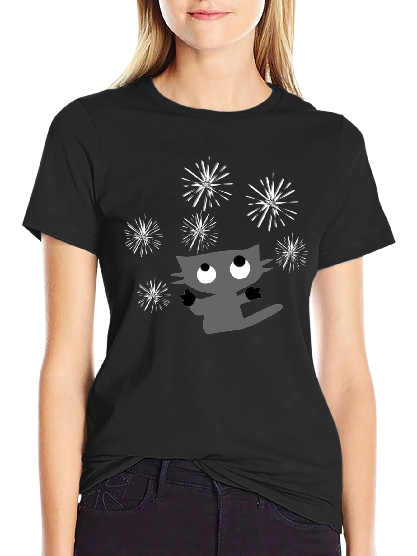 Whimsical Cat & Fireworks Graphic Tee - Black