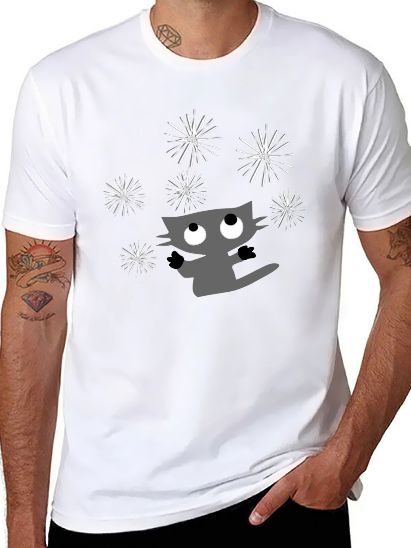 Whimsical Cat & Fireworks Graphic Tee - Black