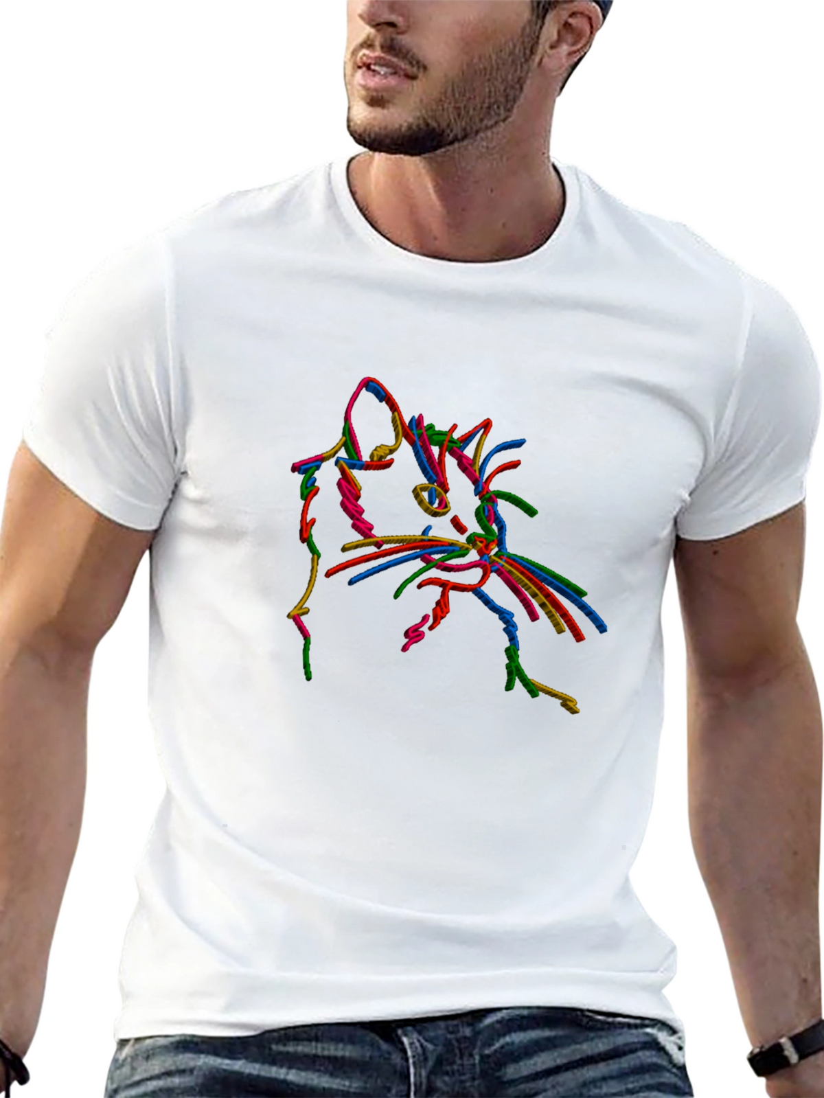 Vibrant Cat Outline Black T-Shirt
