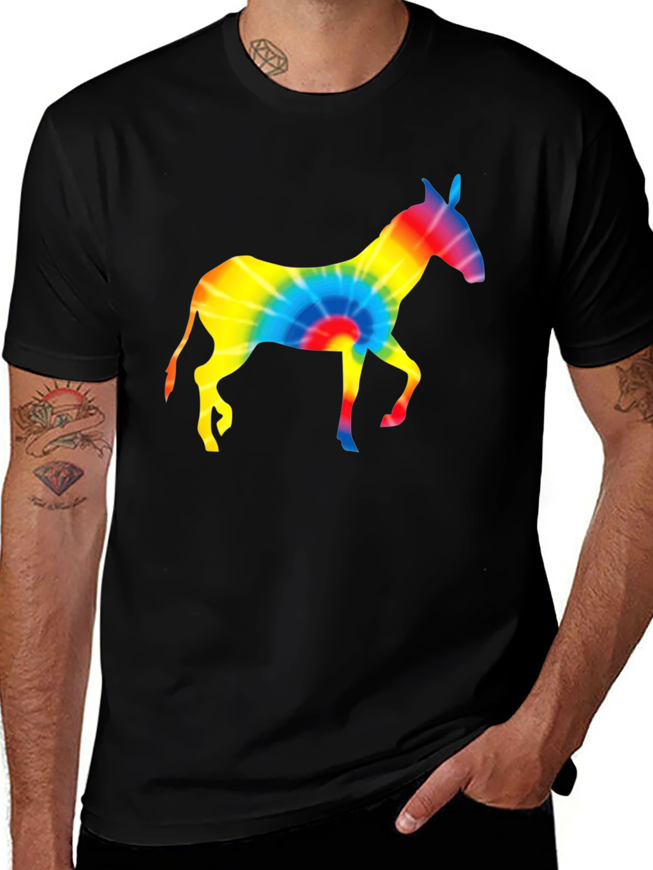 Tie-Dye Donkey Graphic Tee - Black Cotton Shirt