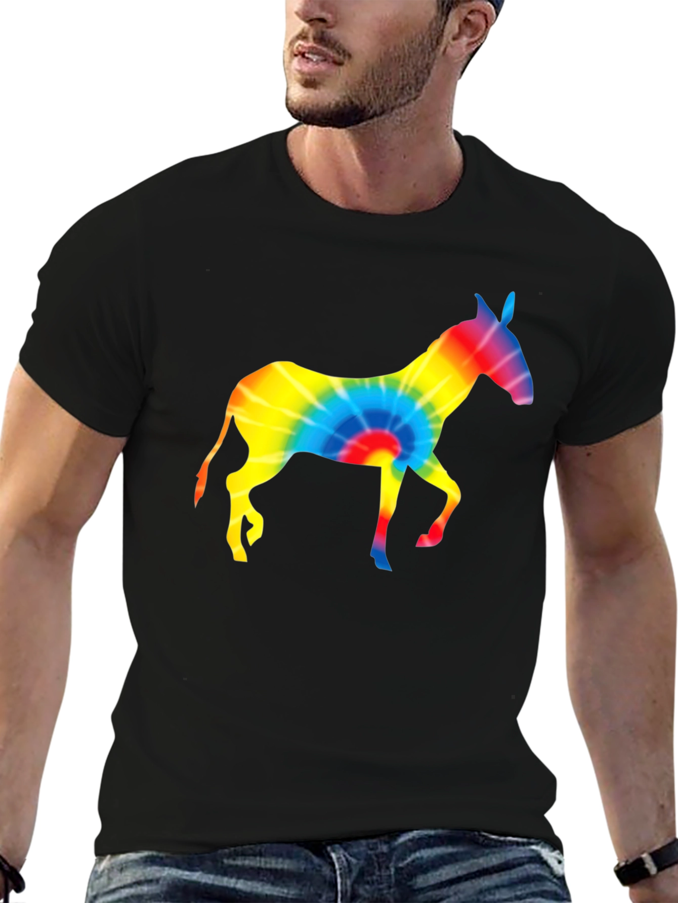 Tie-Dye Donkey Graphic Tee - Black Cotton Shirt