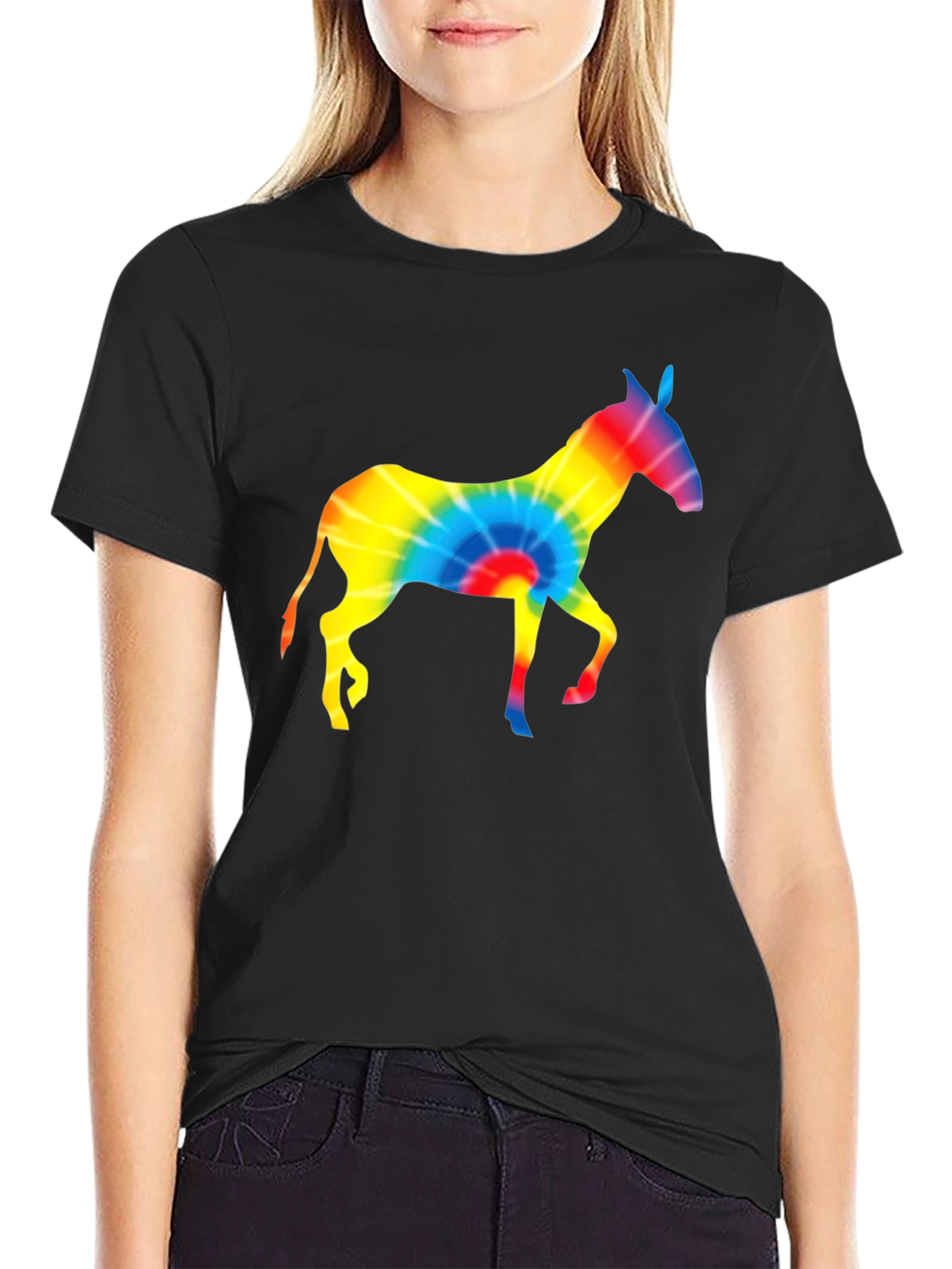 Tie-Dye Donkey Graphic Tee - Black Cotton Shirt