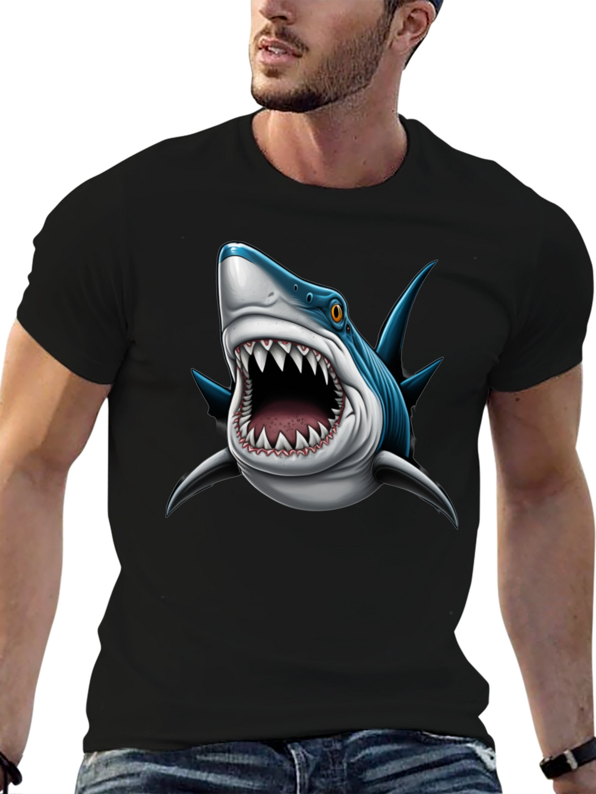 Mens Shark Attack Graphic Tee - Black
