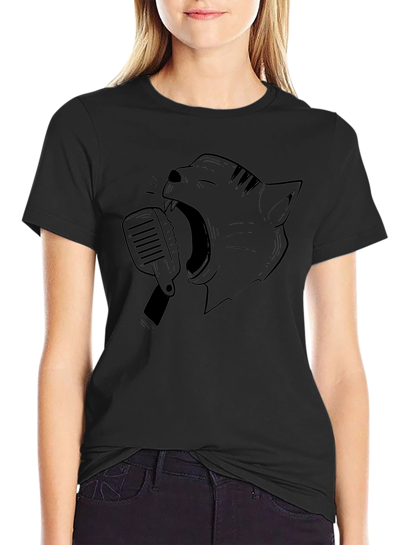 Singing Cat Graphic Tee - Black Cotton Blend