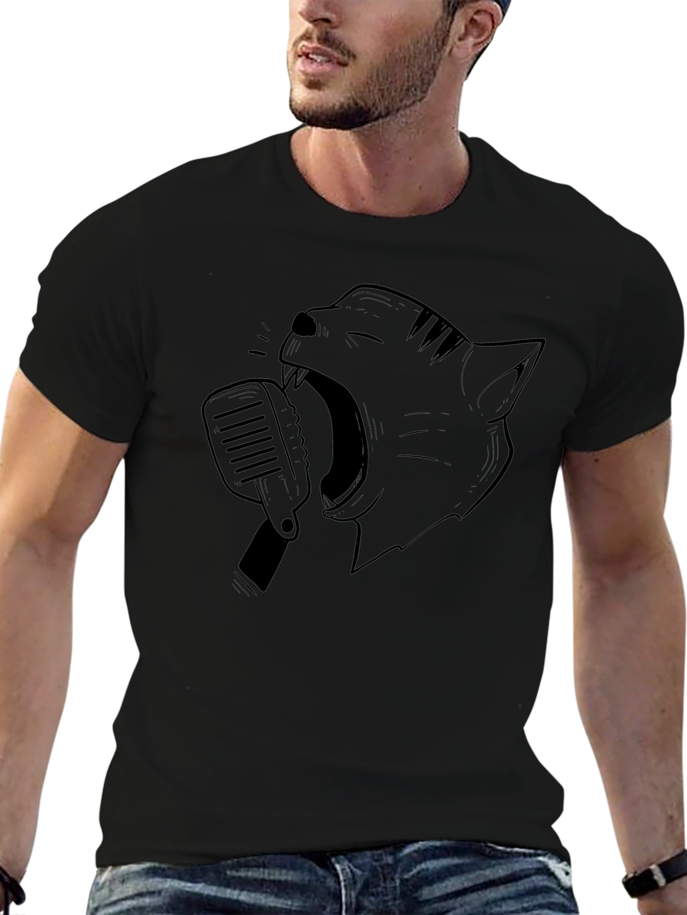 Singing Cat Graphic Tee - Black Cotton Blend